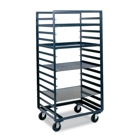 Pan & Tray Truck With 5 Inch X 1-1/4 Inch Polyurethane Bolt-On Casters (4) Swivel With Side Brakes 14 Trays And 4 Inch Spacing Between Shelves Gray