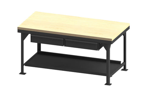 Extra Heavy Duty Workbench 72 x 36 3/16 Inch Steel Top with Angle Iron Frame Maple Top Bottom Shelf with Back Stop 2 Drawers 12000 lbs. Capacity Gray