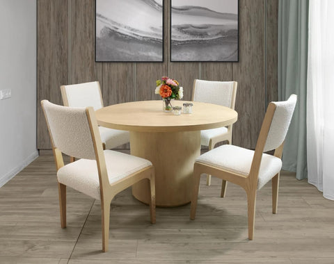Moti Flagstaff 5-Piece 48" Round Dining Set with 4 Ash Boucle Chairs in Ivory