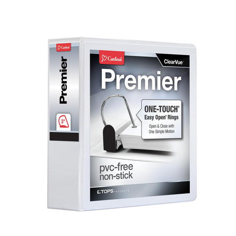 Cardinal 3 Ring Binder, Binders for School and Office, Durable 3 Inch Premier Easy Open Binder, ONE-Touch Locking Slant-D Rings, 650-Sheet Capacity, ClearVue Cover, PVC-Free, White (10330)