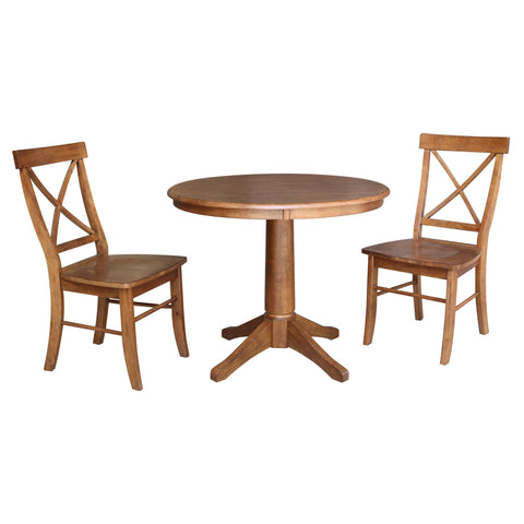 IC INTERNATIONAL CONCEPTS 36" Solid Wood Round Pedestal Table in Distressed Oak with 2 X-Back Chairs