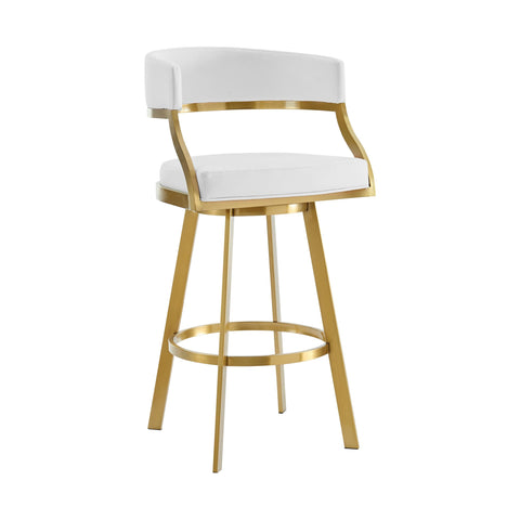 Armen Living Saturn 30" Swivel Bar Stool with Gold Brushed Stainless Steel and White Faux Leather