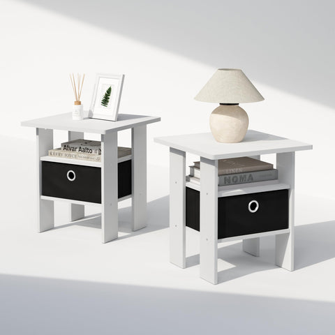 Furinno Tidur Bedside Table Nightstand with Bin Drawer White/Black Set of 2