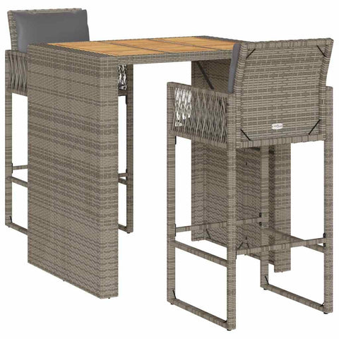 vidaXL 3 Piece Patio Bar Set with Cushions Gray Poly Rattan Acacia, Garden bar Set, bar Table and Stool, Breakfast bar Table and Chair, bar Table Set