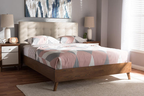 Baxton Studio Alinia Mid-Century Retro Modern Light Beige Fabric Upholstered Walnut Wood King Size Platform Bed