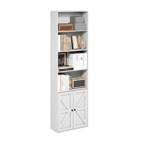 Furinno Jensen Book Shelf, 6-Tier Farmhouse Bookshelf, Display Bookcase with Doors, 9.2" x 21.6" x 71.2", for Organization and Storage, for Living Room, Bedroom, Home Office, White