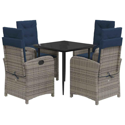 vidaXL 3 Piece Poly Rattan Patio Dining Set - Gray Recliner Chairs with Navy Blue Cushions & Tempered Glass Table for Garden, Patio