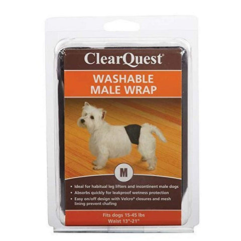 Clear Quest Washable Male Dog Wraps, Reusable, Leakproof Wetness Protection - Medium, Black