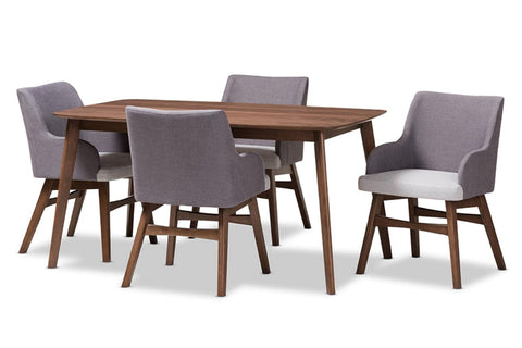 Baxton Studio Monte Mid-Century Modern Walnut Wood Rectangular 5-Piece Dining Set Grey//Medium Wood/Mid-Century/Table/Fabric Polyester 100%"/Rubber Wood/Solid Wood/MDF/Foam