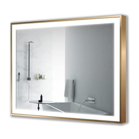 Krugg | Soho LED Bathroom Framed Mirror | Lighted Vanity Mirror Includes Dimmer & Defogger | Wall Mount Vertical or Horizontal Installation (Gold, 48Wx36L)