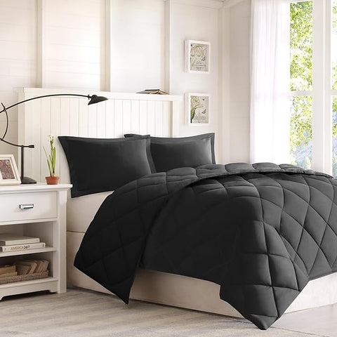 Oakestry 2-Piece 100% Polyester Larkspur All Season All Season Reversible Warm Luxurious Hotel Comforter Set 3M Stain Release, Twin/Twin XL, Black