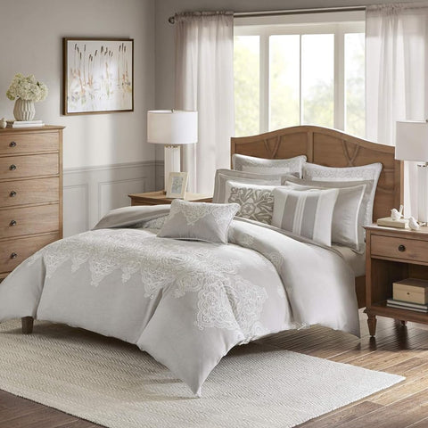 Oakestry 10-Piece Cozy Damask Themed Bedding Combo Filled Insert Comforter Set All Seasons Duvet Cover Shams Decorative Pillows, King(110"X96"), Damask Natural