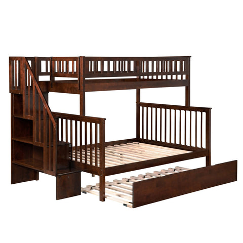 Atlantic Furniture AFI Woodland Twin Over Full Staircase Trundle Wood Bunk Bed in Walnut