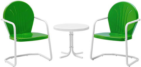 Griffith 3Pc Retro Outdoor Chair Set Kelly Green Gloss/White Satin - Side Table & 2 Chairs