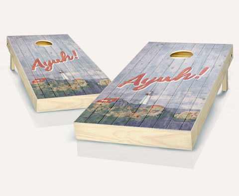 Skip's Garage Vintage New England Ayuh! Cornhole Set - 2x4 Boards (Corn Filled Bags) - Include Edge Lights + Score Tower