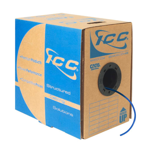 ICC Cat6 CMP Plenum 1000ft UTP 23AWG Solid Pure Copper, True Plenum Certified by UL Bulk Ethernet Cable, PoE++, 500MHz, Reelex No Tangle Pull Box, USA Made, National Electrical Code Compliant, Blue