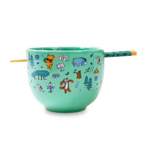 Toynk Disney Winnie the Pooh Allover Icons Ceramic Dinnerware Set | Includes 20-Ounce Ramen Noodle Bowl and Wooden Chopsticks