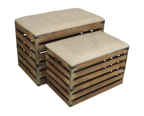 Cheung's Set of 2 Rectangular Wood Slat Metal Accents and Cushioned Lid Storage Bench, Small, Brown