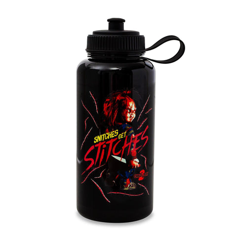Child's Play 2 Chucky Snitches Get Stitches Water Bottle With Spill-Resistant Sports Cap Lid | Large Plastic Sports Jug | Holds 34 Ounces
