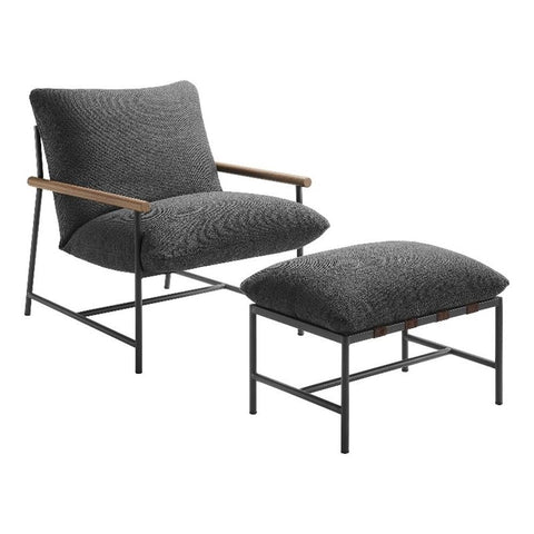 Modway Raya Outdoor Patio Sling Chair with Ottoman Set in Charcoal - Comfy Accent Lounge Chair and Footstool with Removable Boucle Fabric Cushions for Porch, Deck, Backyard