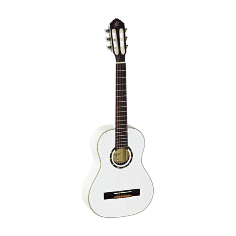 Ortega Guitars 6 String Family Series 1/2 Size Nylon Classical Guitar w/Bag, Right, Spruce Top-White-Gloss, (R121-1/2WH)