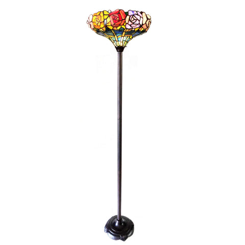 Benjara CH1T139RF15-TF1 Azalea Tiffany-Style Floral Stained Glass Torchiere Floor Lamp 67" Height, Antique Bronze
