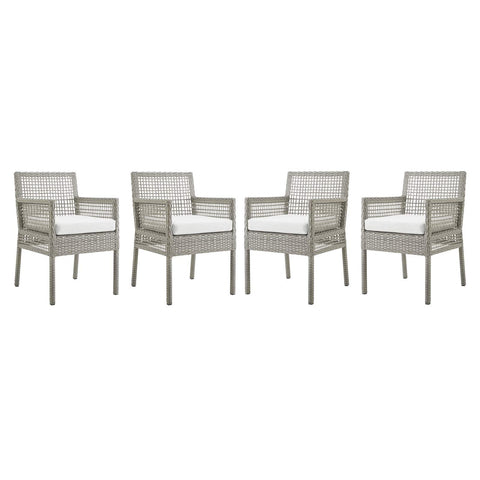 Modway Aura Outdoor Patio Wicker Rattan Set of 4 Dining Armchair in Gray White