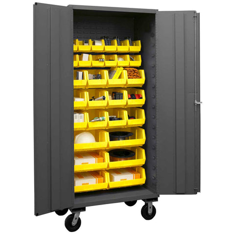 Durham 3501M-BLP-30-95 Lockable Mobile Cabinet with 30 Yellow Hook-On Bins