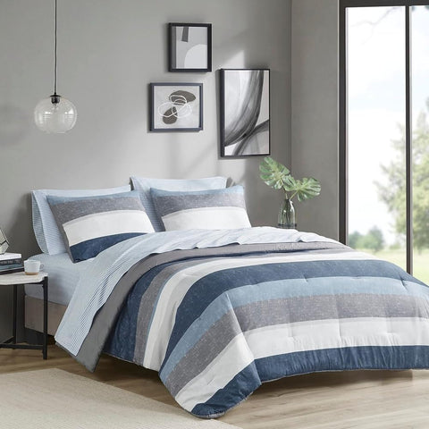 Oakestry Jaxon Lightweight Microfiber Luxury Striped Bed-in-a-Bag Comforter Durable & Cozy All Season Ultra Soft 7 Piece Bedding Set, King Size, Blue/Grey