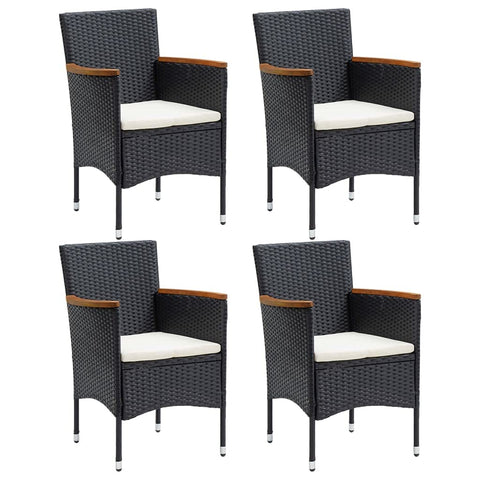 vidaXL Patio Dining Chairs Set of 4 - Outdoor Garden Furniture - Black PE Rattan, Steel Frame, Acacia Armrests, Cream Cushions