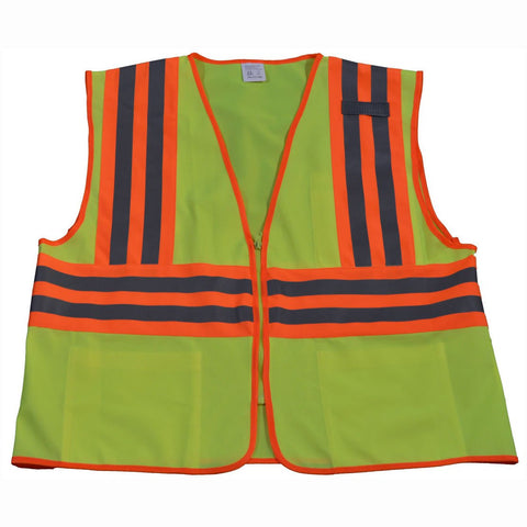 Petra Roc LV2-CB2-2X/3X Safety Vest ANSI Class 2, Two Tone Lime Solid with Orange Contrast Binding, 2x1" Laminated Reflective Tapes, Zipper Closure, 3-7 Pockets, 2X/3X