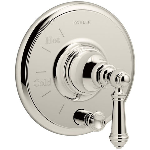 KOHLER K-T72768-4-SN Artifacts Rite-Temp Pressure-Balancing Valve Trim with Push-Button Diverter and Lever Handle, Vibrant Polished Nickel
