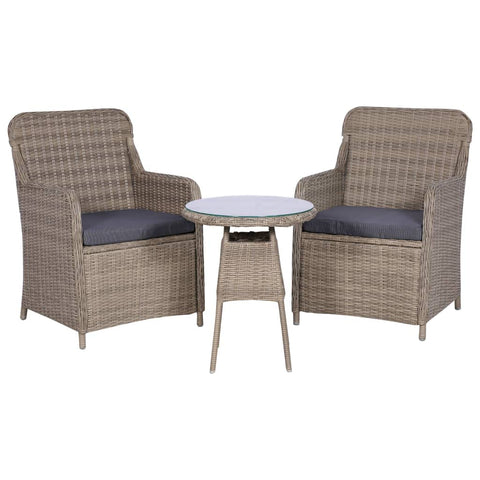 vidaXL 3-Piece Bistro Set - Outdoor Patio Furniture with 2 Armchairs, 1 Round Table, Removable & Washable Cushions, Water- Poly Rattan Construction - Brown