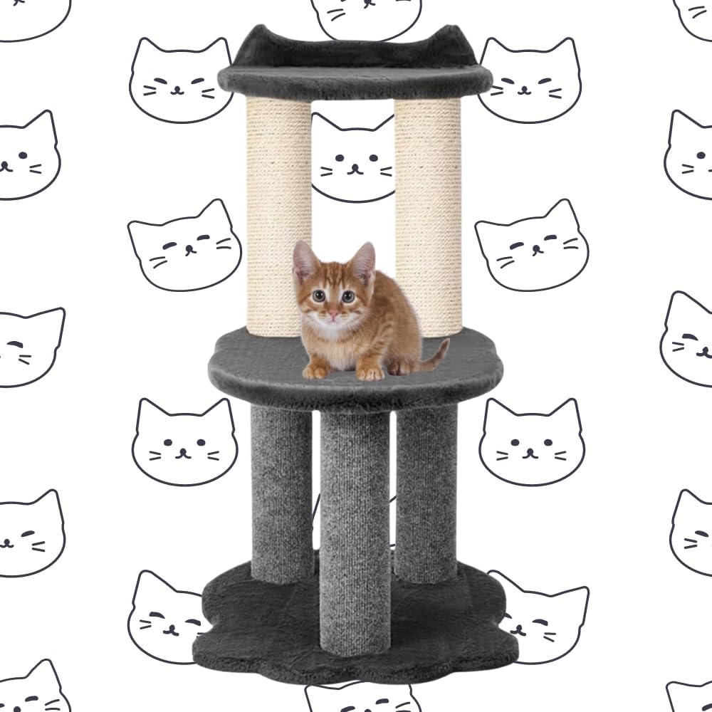 34 Inch Classic Comfort for Indoor Modern Premium Cats and Kittens Scratching Tower Larger Base for Better Stability, (Furs: Grey, Rope: Natural)