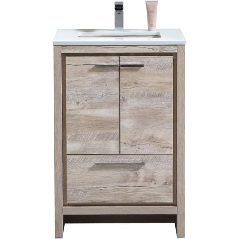 Oakestry Dolce 24 Inch Nature Wood Freestanding Modern Bathroom Wall-Mounted Vanity with White Quartz Countertop and Soft Close Drawer