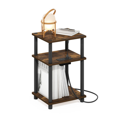 Furinno JUST Side Table, 3-Tier Modern End Table with Charging Station, Easy Assembly Night Stand, Bedside Table with USB and Type-C Charging Port, for Living Room, Bedroom, Amber Pine