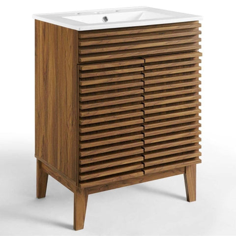 Oakestry 24-inch Mid Century Modern Bathroom Vanity with Sink Walnut Finish Compact Freestanding Cabinet Stylish Wood Storage Small Space Console Waterproof Design