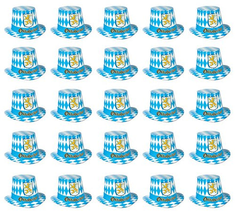 Beistle Oktoberfest Party Hi-Hats, 25-Pack Blue and White Bavarian Costume Accessories with Gold Crest, German Themed Headwear for Festivals, Celebrations, and Group Events