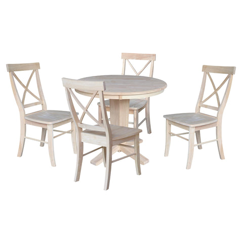 IC INTERNATIONAL CONCEPTS 36" Solid Wood Round Top Pedestal Dining Table with 4 Dining Chairs - Unfinished