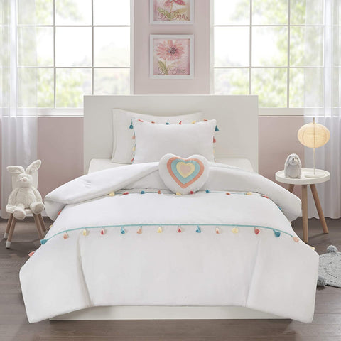 Intelligent Design Kids Tessa Cozy Comforter Set, Colorful Fun Design All Season Children Bedding Girls Bedroom Décor, Full/Queen, White with Colorful Tassel 4 Piece