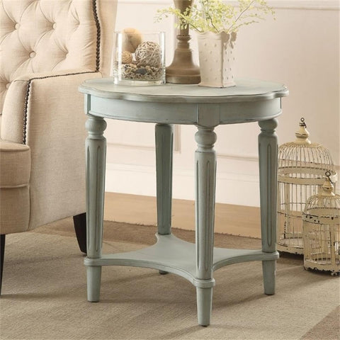 Acme Fordon Round Wooden End Table with Bottom Shelf in Antique Green