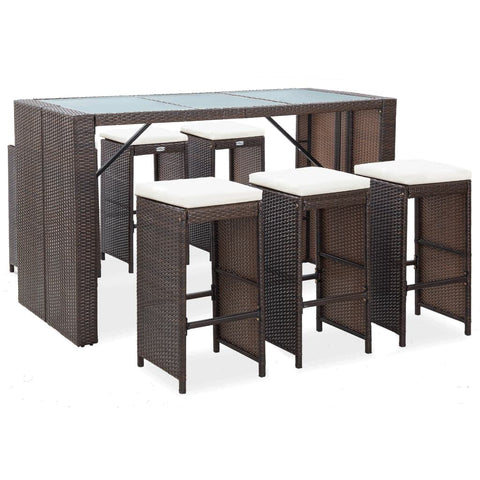 Furniking 7 Piece Garden Bar Set with Cushions Poly Rattan Brown (67kg)