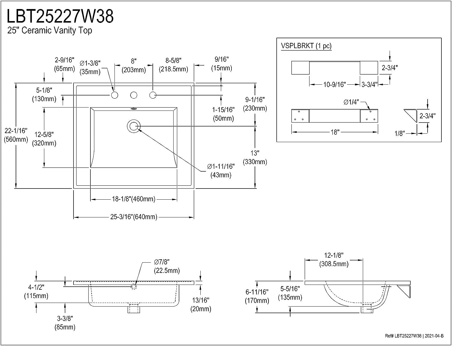 Kingston Brass LBT25227W38 Continental Vanity Sink Top, White