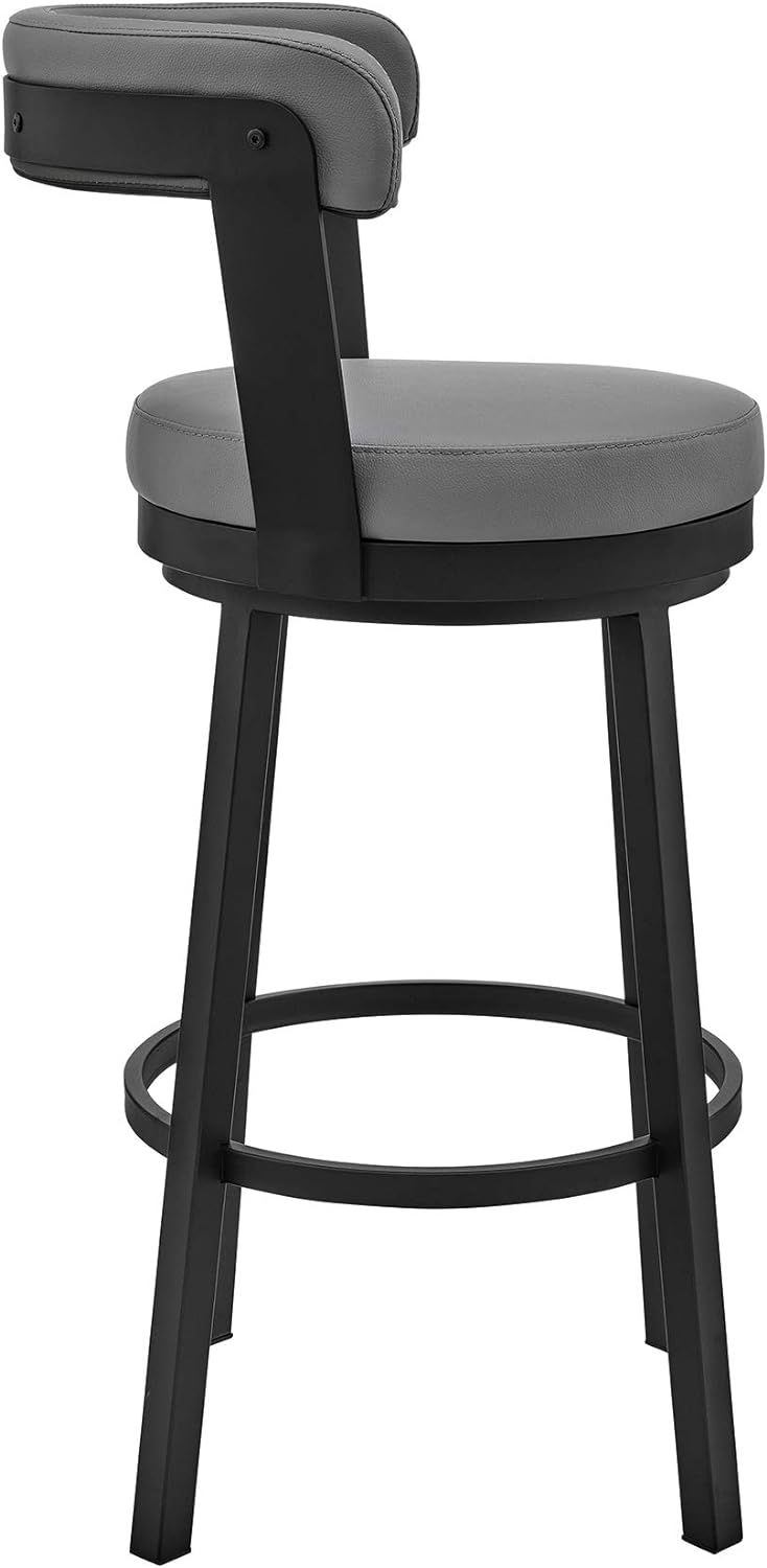 Armen Living Kobe 26" Counter Height Swivel Bar Stool in Black Finish and Grey Faux Leather