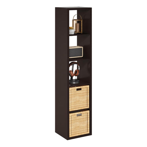 Oakestry Cubicle Open Back Decorative Vertical Cube Storage Organizer 5 Cube Wooden Shelving Unit Freestanding Display Shelf Modern Home Office Furniture (Dark Oak)