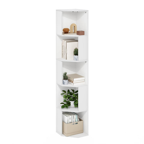 Furinno ECON Corner Shelf, 5-Tier Corner Book Shelf, Standing Storage Shelves, Cube Display Rack, Bookshelf, for Organization and Storage, Living Room, Home Office, White