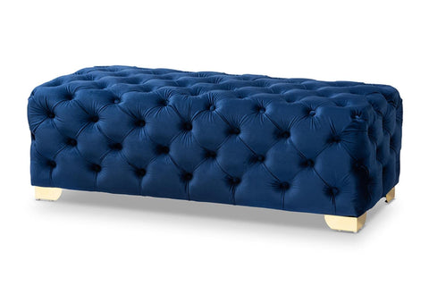 Baxton Studio Avara Glam and Luxe Royal Blue Velvet Fabric Upholstered Gold Finished Button Tufted Bench Ottoman