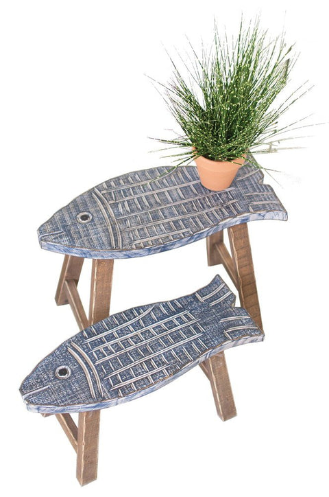 Kalalou CMN1228 Set of Two Wooden Fish Stools, Grey