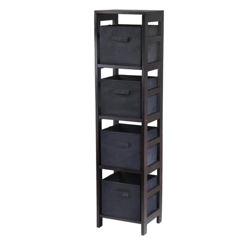 Oakestry Capri Wooden Storage Shelf with Four Foldable Fabric Baskets Durable Multi Section Organizer for Living Room Bedroom Entryway Home Office Modern Space Saving Design Black