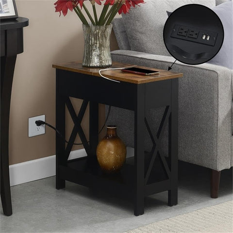 Convenience Concepts Oxford Flip Top End Table with Charging Station 23.75" - Modern Living Room Table with USB Ports and Power Outlets, Side Table Side Table with Storage Shelf, Barnwood/Black